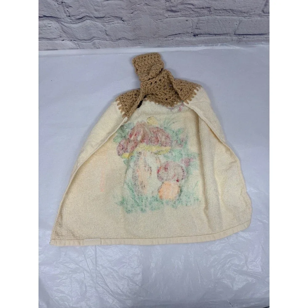 Vintage Mushroom Hanging Kitchen Hand Towels Crocheted 1970s Grannycore Pair